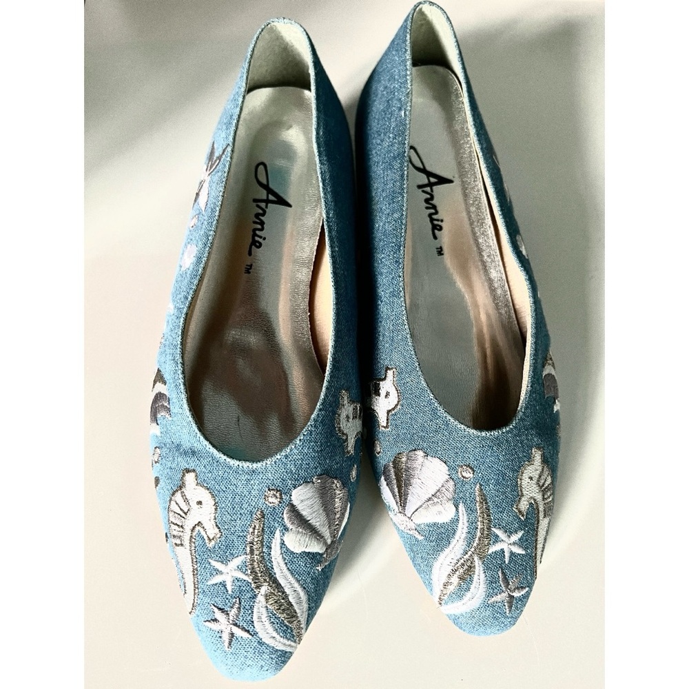 Y2K Washed Blue Denim Ballet Flats w/ Silver Seahorse & Shell Embroidery